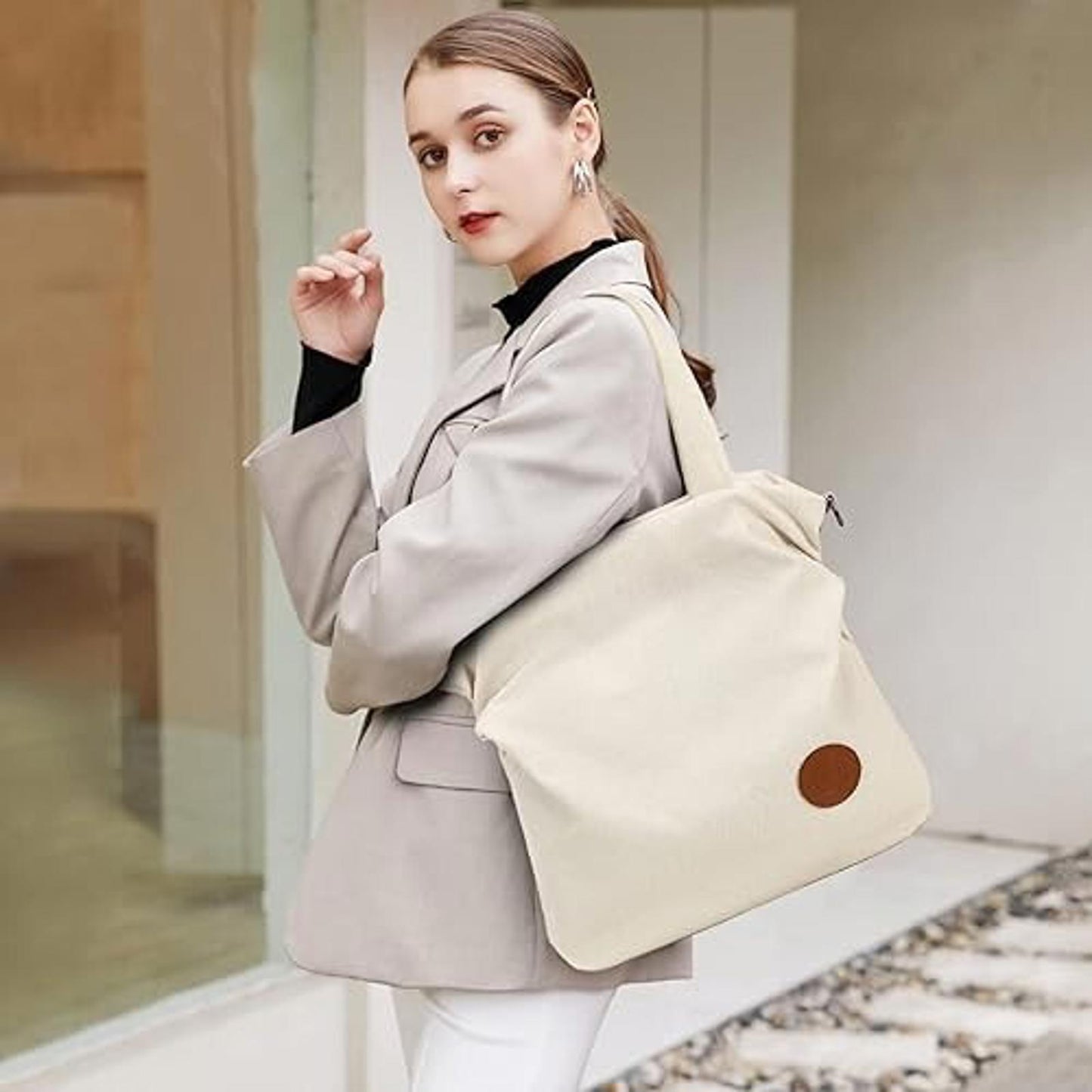 Women Handbag Shoulder Bag Canvas-Vintage Tote Beach Crossbody Baige