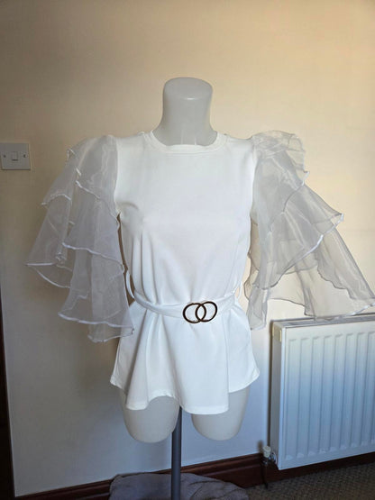 White top with frilly sleeves and belt 2110