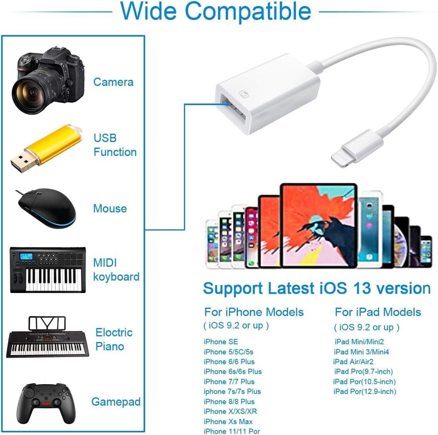 Lightning to USB Camera Adapter iPhone iPad Photo Transfer Connector Cable