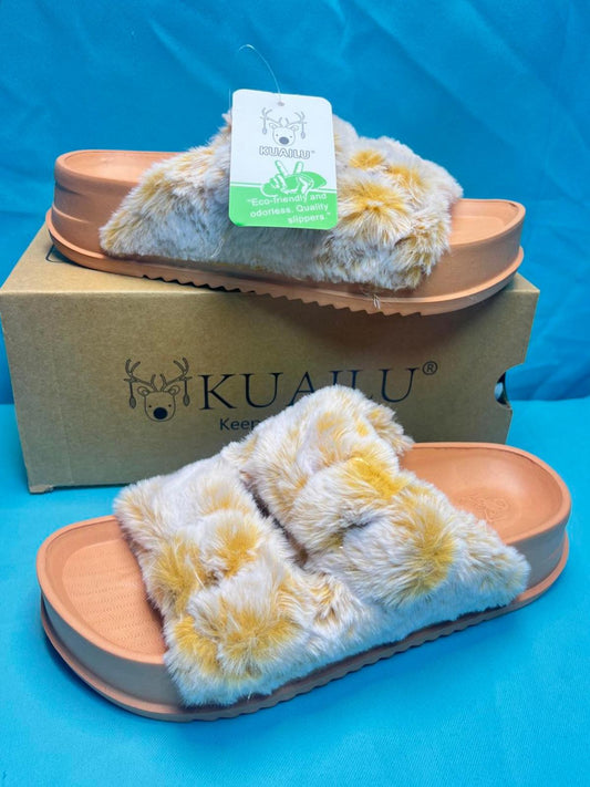 Women's Fluff Slippers Arch Support Platform Open Toe Faux Fur Sliders size 6 1412