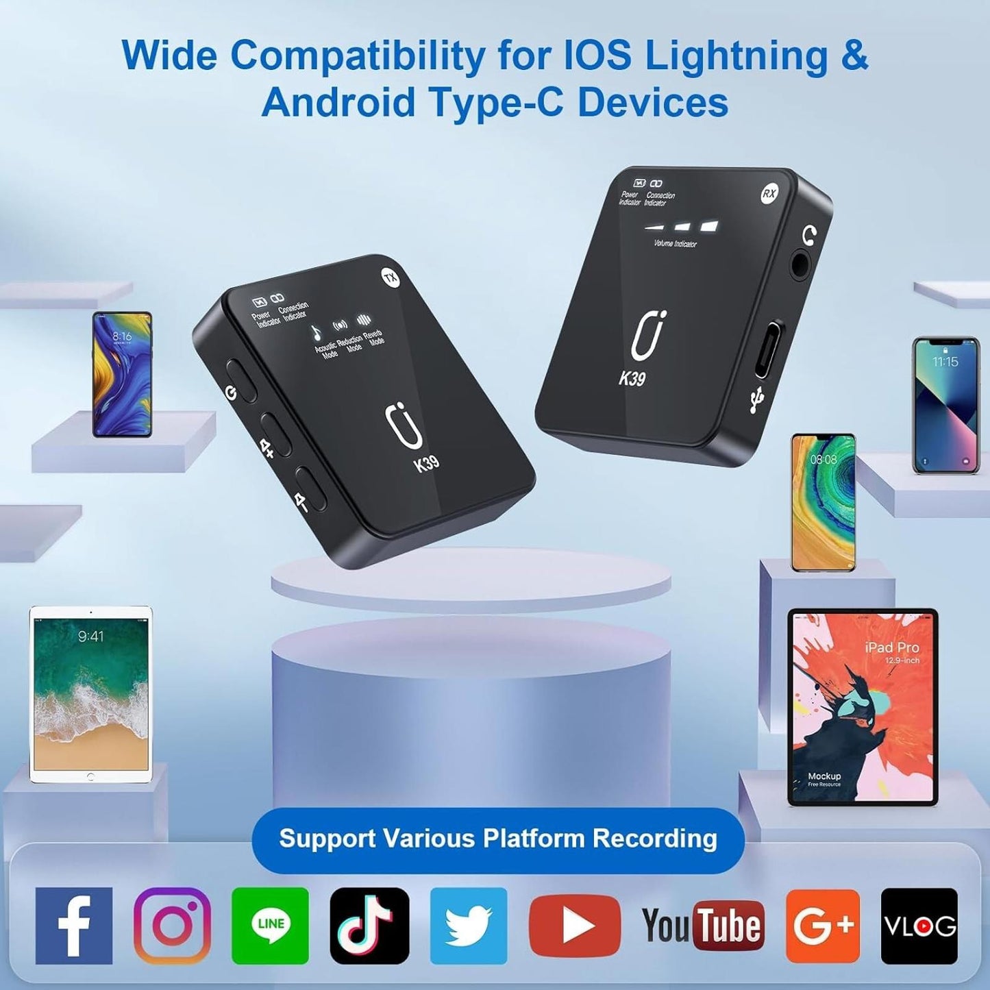 JYX K39 Wireless Lavalier Microphones for iOS and Android, 2.4GHz, Black, New.