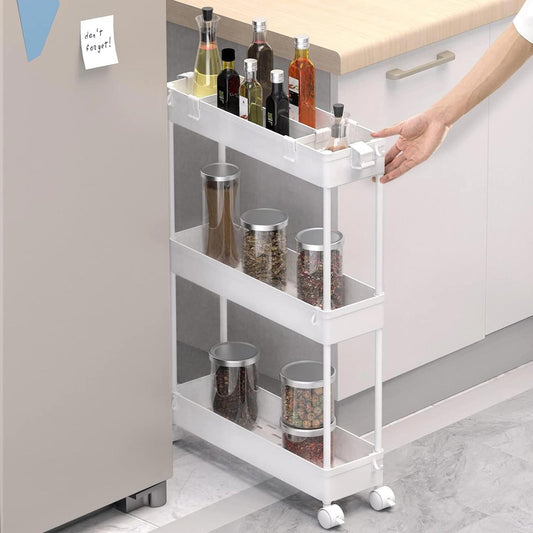 SPACEKEEPER Storage Trolley 3-Tier Rolling Utility Cart Organization, White, New