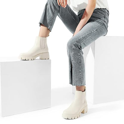 DREAM PAIRS Women's Elastic Chelsea Ankle Boots Platform Low Chunky Block Heel Lug Sole Slip on Fall Heeled Boots SDAB2316W|B0C8M2JBXW