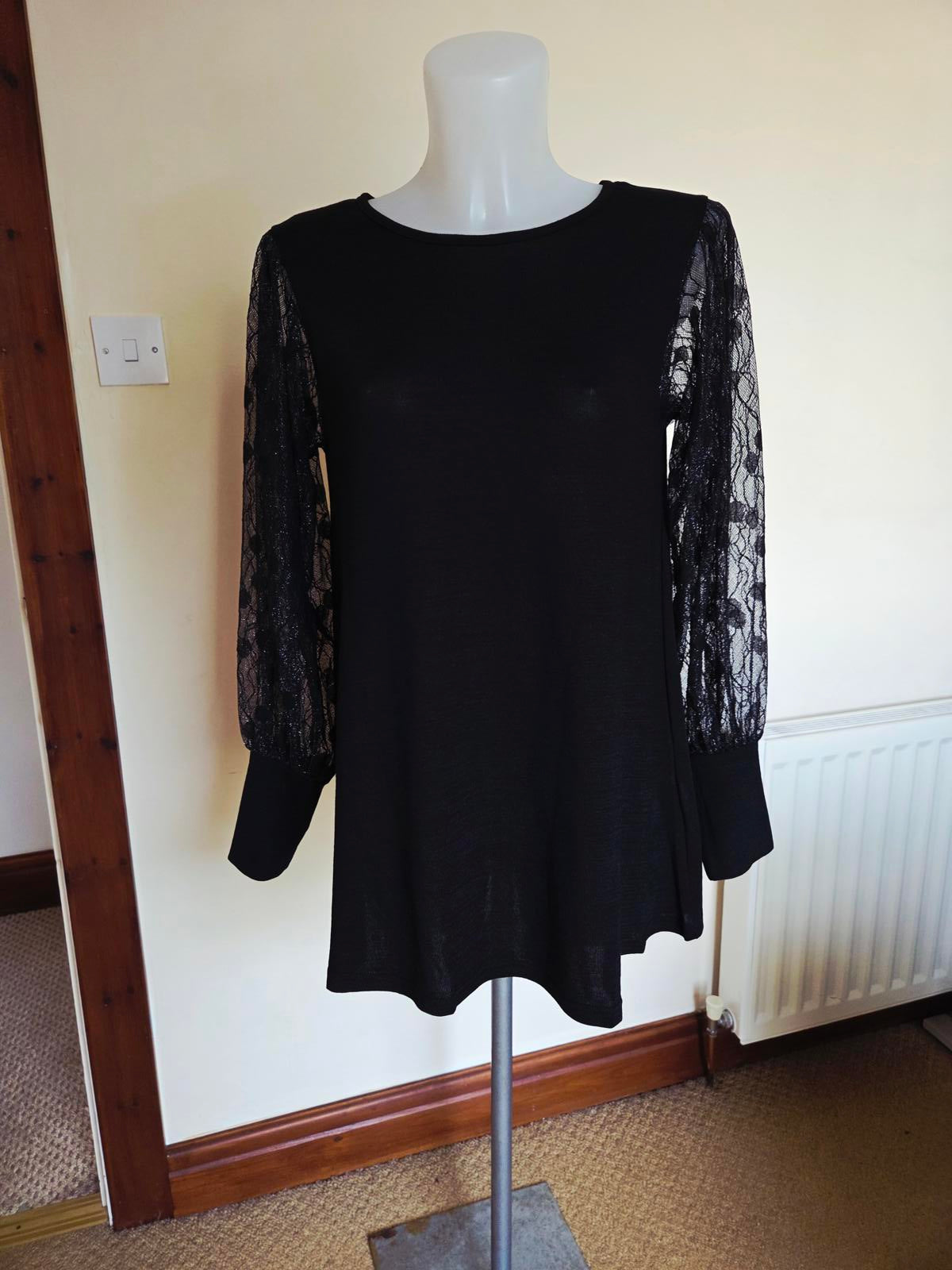 Size S Black Long Sleeve top with lace patterned sleeves 2009 1238