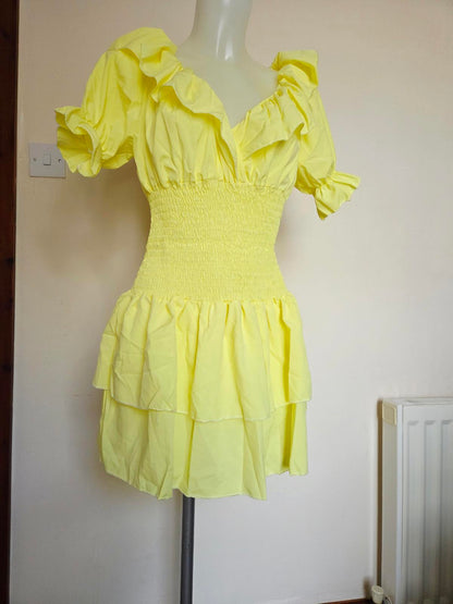 Yellow puffy layered electicated Dress 2066