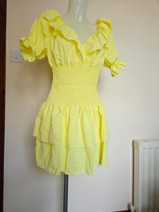Yellow puffy layered electicated Dress 2066