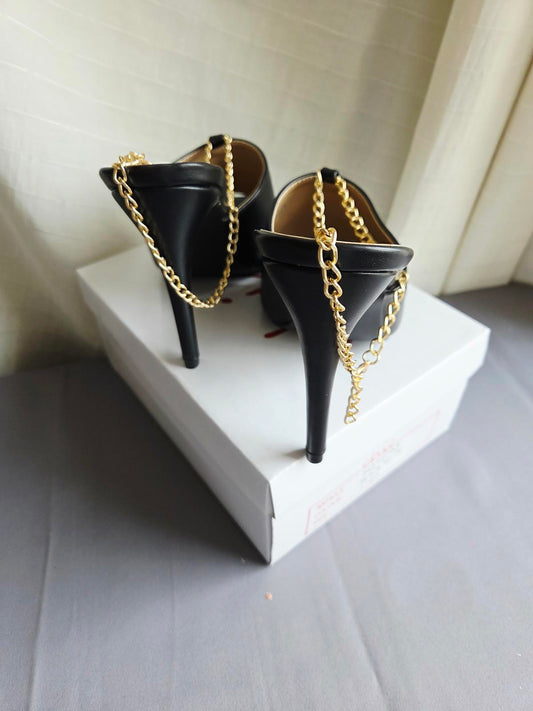 Size 6 Black Heeled Open toed Shoes with Gold ankle Braclet design 2337