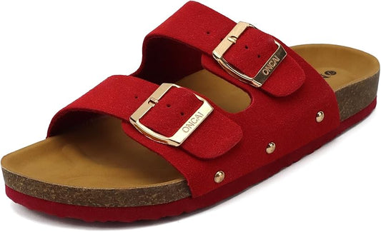 ONCAI Women's Open Toe Footbed Sandals Suede Leather Strap Buckle Cork Slip Shoes