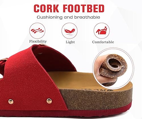 ONCAI Women's Open Toe Footbed Sandals Suede Leather Strap Buckle Cork Slip Shoes