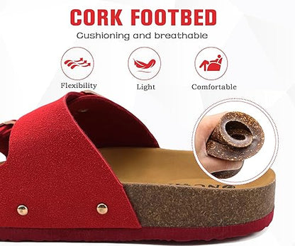 ONCAI Women's Open Toe Footbed Sandals Suede Leather Strap Buckle Cork Slip Shoes