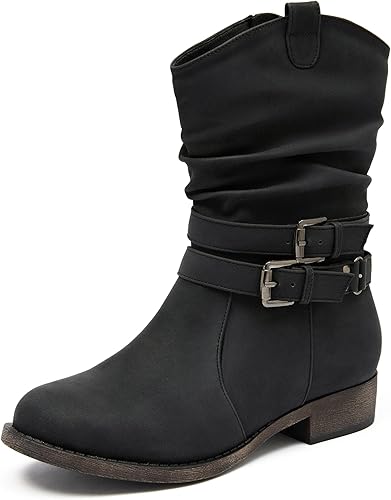 Ataiwee Women's Mid-Calf Cowboy Cowgirl Boots with Low Chunky Heel, Side Zipper, Motorcycle Style, Classic Round Toe,Fashion Western (Black/Dark Brown/Grey) Boots. size 7.5