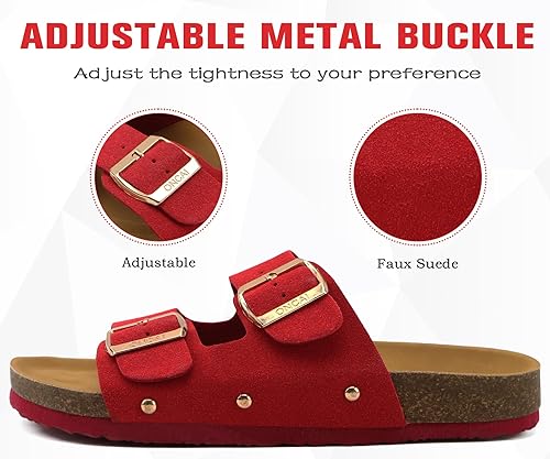 ONCAI Women's Open Toe Footbed Sandals Suede Leather Strap Buckle Cork Slip Shoes