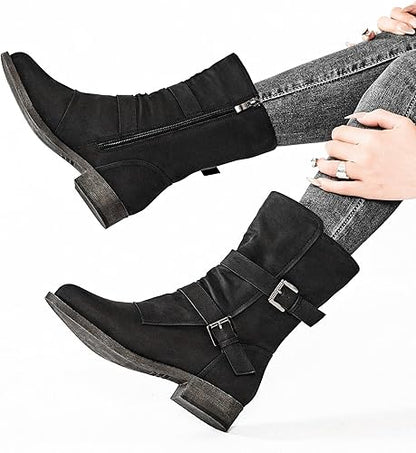 Veittes Women's Mid-Calf Cowboy Cowgirl Boots with Low Chunky Heel, Side Zipper, Classic Round Toe, Motorcycle Style, Fashion Western Boots.