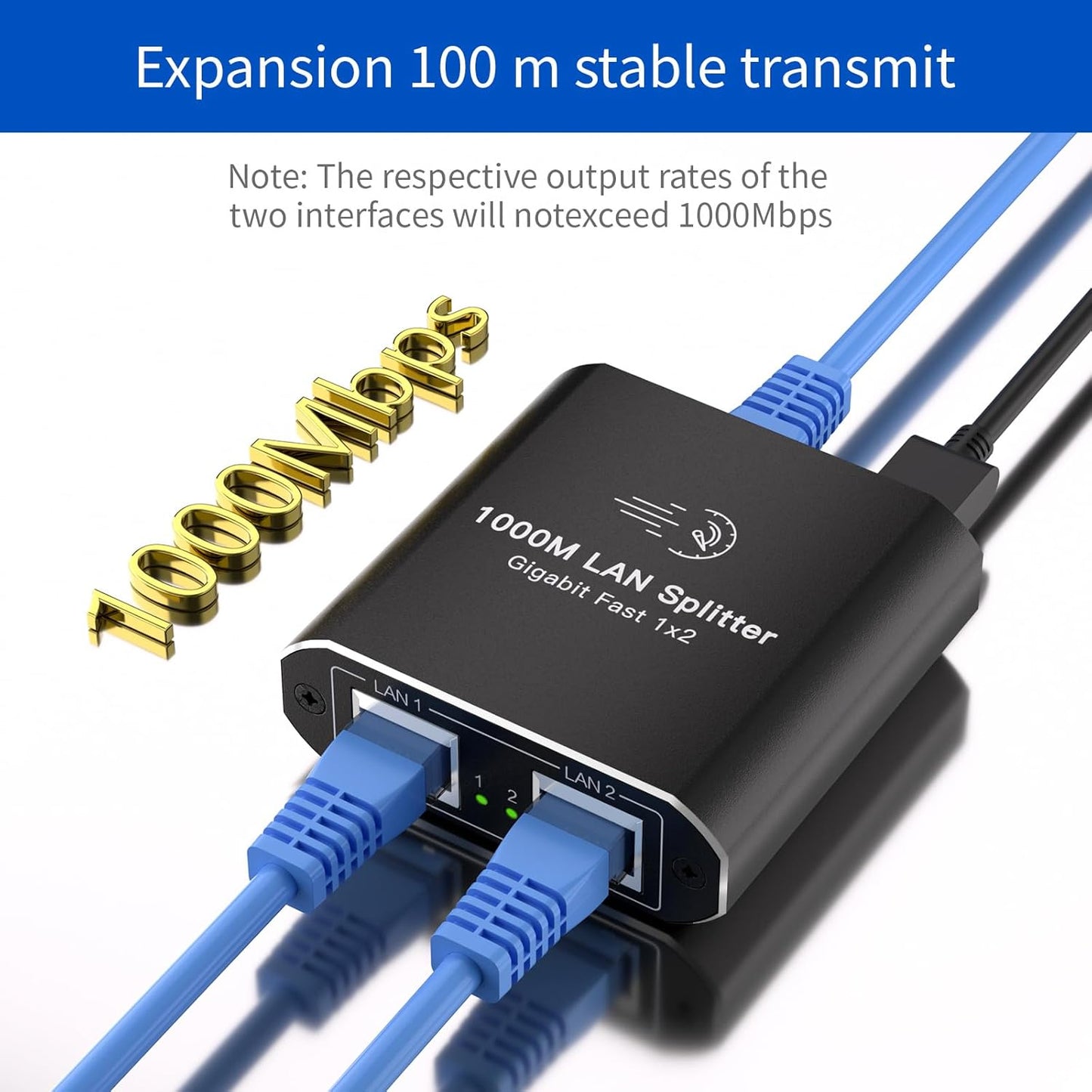 Ethernet Splitter 1 to 2 High Speed Network Switch 1000Mbps Gigabit Network