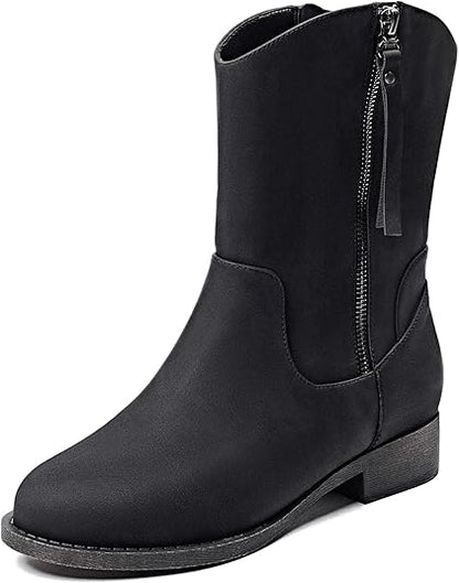 Veittes Women's Mid-Calf Cowboy Cowgirl Boots with Low Chunky Heel, Side Zipper, Classic Round Toe, Motorcycle Style, Fashion Western Boots.