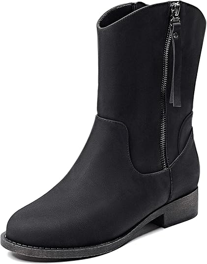Veittes Women's Mid-Calf Cowboy Cowgirl Boots with Low Chunky Heel, Side Zipper, Classic Round Toe, Motorcycle Style, Fashion Western Boots.