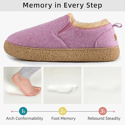 MERRIMAC Women's Faux Felt Slippers Closed-back Warm Comfy Non-slip Memory Foam Indoor House Shoes with Elastic Gores size 7-8