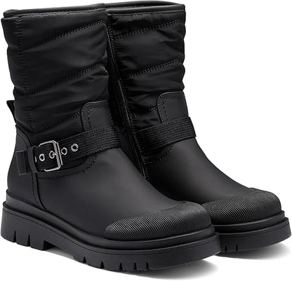 DREAM PAIRS Women's Snow Boots, Smooth PU Thick Sole with Strap Trim on The RIST