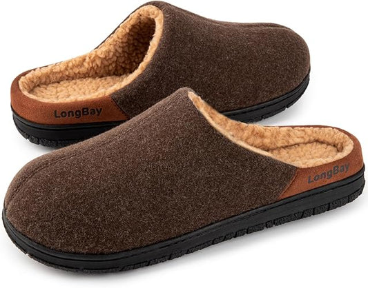 LongBay Men's Wool-Like Slippers Warm Memory Foam House Shoes with Soft Sherpa Lining for Indoor Outdoor