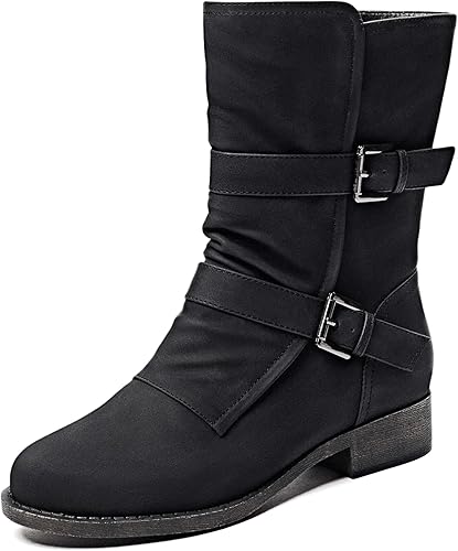 Veittes Women's Mid-Calf Cowboy Cowgirl Boots with Low Chunky Heel, Side Zipper, Classic Round Toe, Motorcycle Style, Fashion Western Boots.