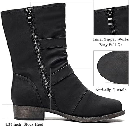 Veittes Women's Mid-Calf Cowboy Cowgirl Boots with Low Chunky Heel, Side Zipper, Classic Round Toe, Motorcycle Style, Fashion Western Boots.