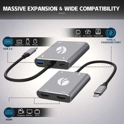 VCOM USB C to Dual HDMI Adapter MST, 4K@60Hz and Dual 4K@30Hz 100W PD