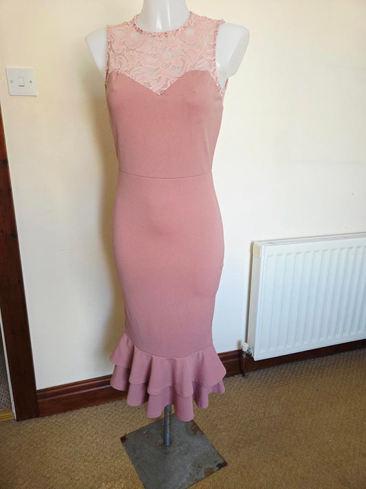 Long Pink Dress lace top with button and Frilly at the bottom 2042