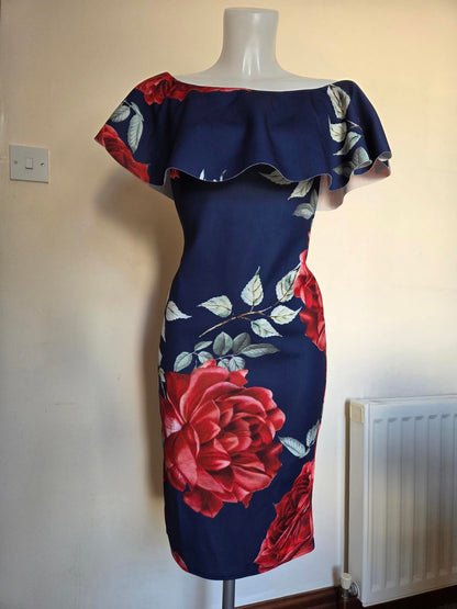 dark blue midi length dress with a flower pattern  2127