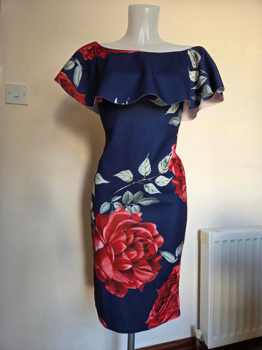 dark blue midi length dress with a flower pattern  2127