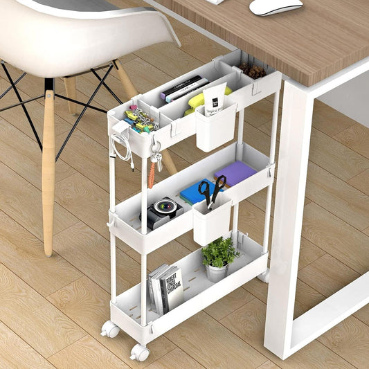 SPACEKEEPER Storage Trolley 3-Tier Rolling Utility Cart Organization, White, New