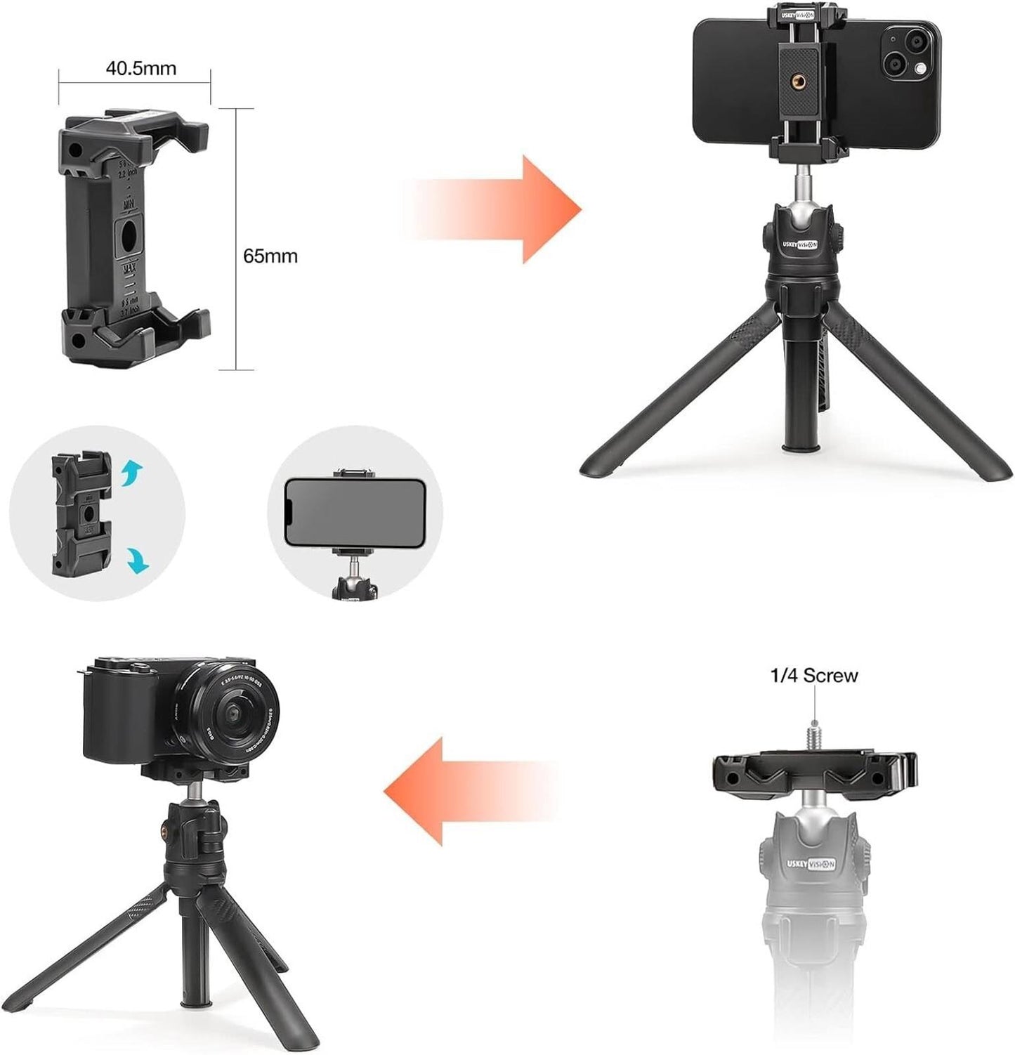 USKEYVISION - Extendable Tripod for Smartphone Selfie Stick, Black