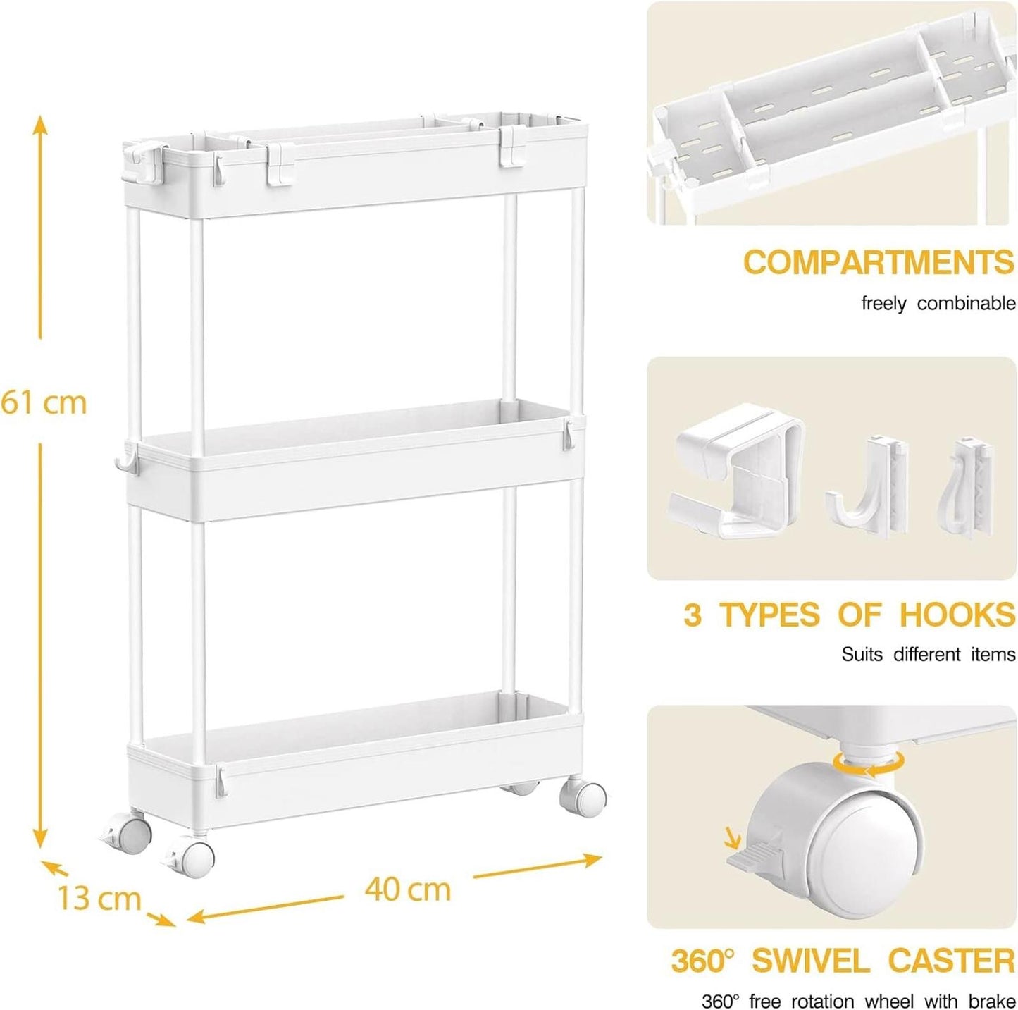 SPACEKEEPER Storage Trolley 3-Tier Rolling Utility Cart Organization, White, New