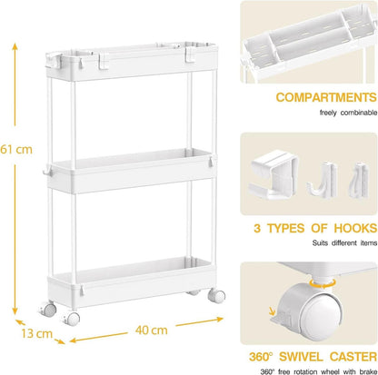 SPACEKEEPER Storage Trolley 3-Tier Rolling Utility Cart Organization, White, New