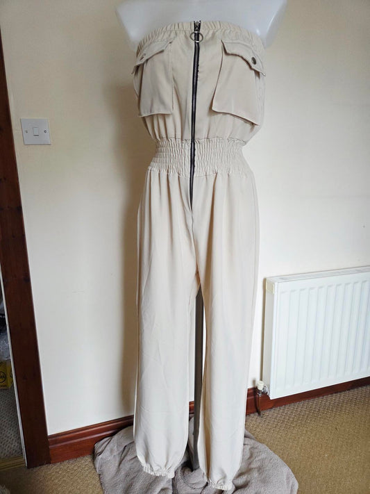 Biege Strapless Jumpsuit with zip up front2135