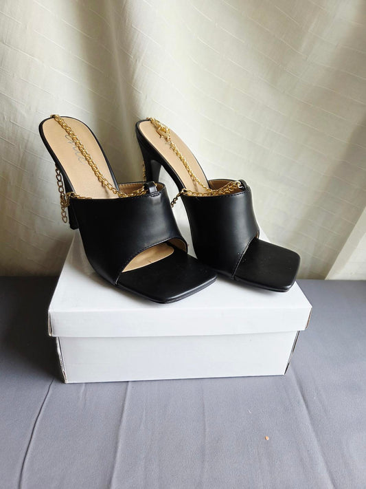 Size 6 Black Heeled Open toed Shoes with Gold ankle Braclet design 2337