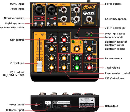 Audio Mixer Mini4 Professional Sound  Streaming,4 Channel Bluetooth 48V