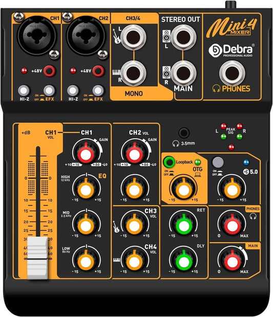 Audio Mixer Mini4 Professional Sound  Streaming,4 Channel Bluetooth 48V